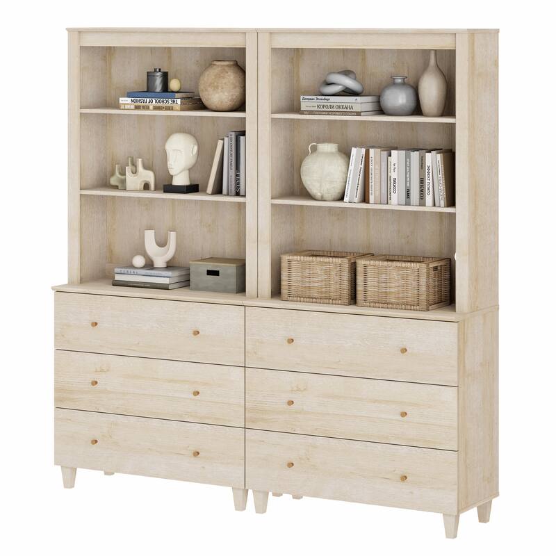 Modern 71" Tall Bookcase with Drawers & Open Shelves for Home Office - 2 Column 3-Tier - Natural Oak
