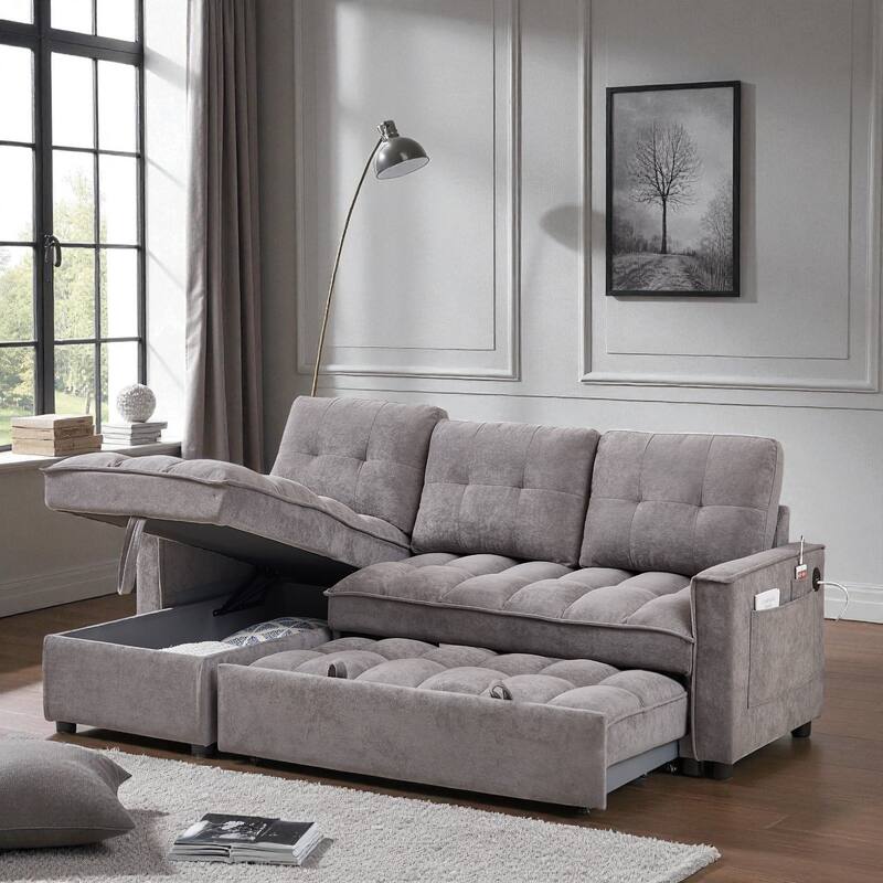 78.75" Chenille Reclining Sectional Sofa with Pull-Out Bed USB Type-C Ports Storage Chaise Modular Convertible Couch