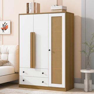 Wooden Rattan 3-Doors Armoire & Wardrobe with 2 Drawers and Adjustable Shelving