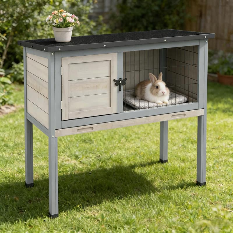 Small Animal Cage Rabbit Hutch,Elevated Rabbit Hutch，is designed for convenient cleaning - Black+ Gray