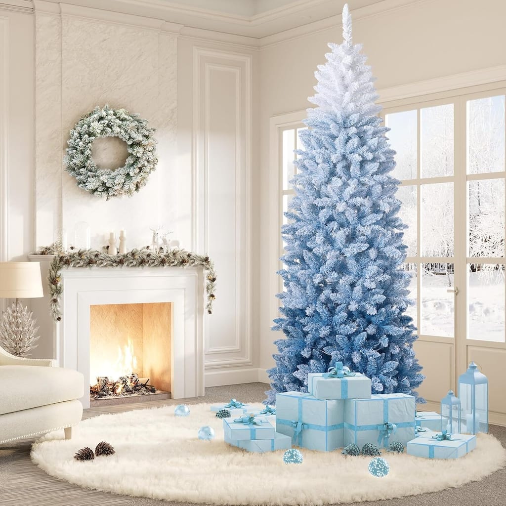 Prelit Blue Gradient Snow Flocked Christmas Tree, Xmas Tree - N/A