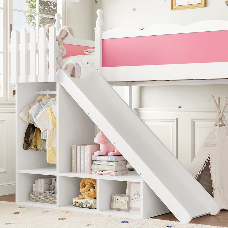 Twin Loft Bed with Storage Shelves and Wardrobe, Solid Wood Loft Beds with Detachable Slide and Ladders, No Spring Box Needed