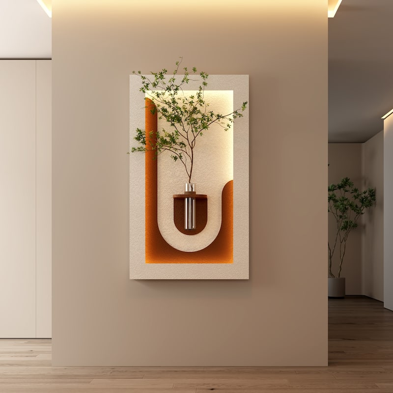 Adjustable 3-Color LED Sandstone Wall Decor with Simulated Green Plants, Glass Vase & Rabbit Statue, Remote Control Light Strips