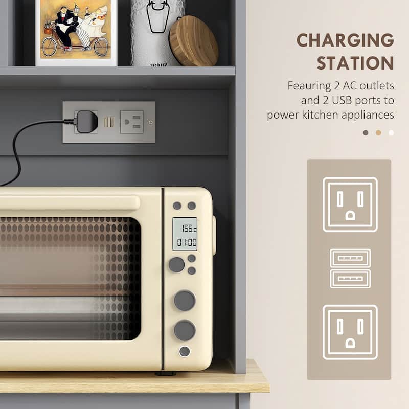 68" Kitchen Pantry Storage Cabinet with Charging Station, 2 Tilt Out Trash Cabinets and Microwave Stand, Freestanding