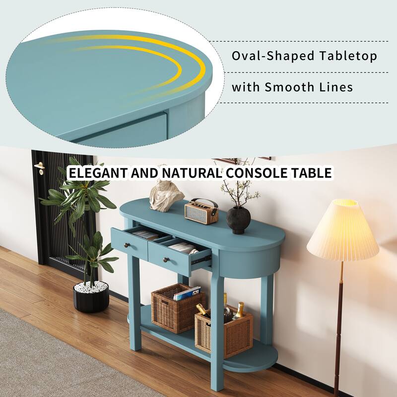 Curved Console Table with 2 Storage Drawers and Metal Handles, Wooden Hallway Tables Entryway Table wOpen Storage Shelf