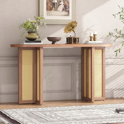 Farmhouse Rattan Console Table Entryway Table