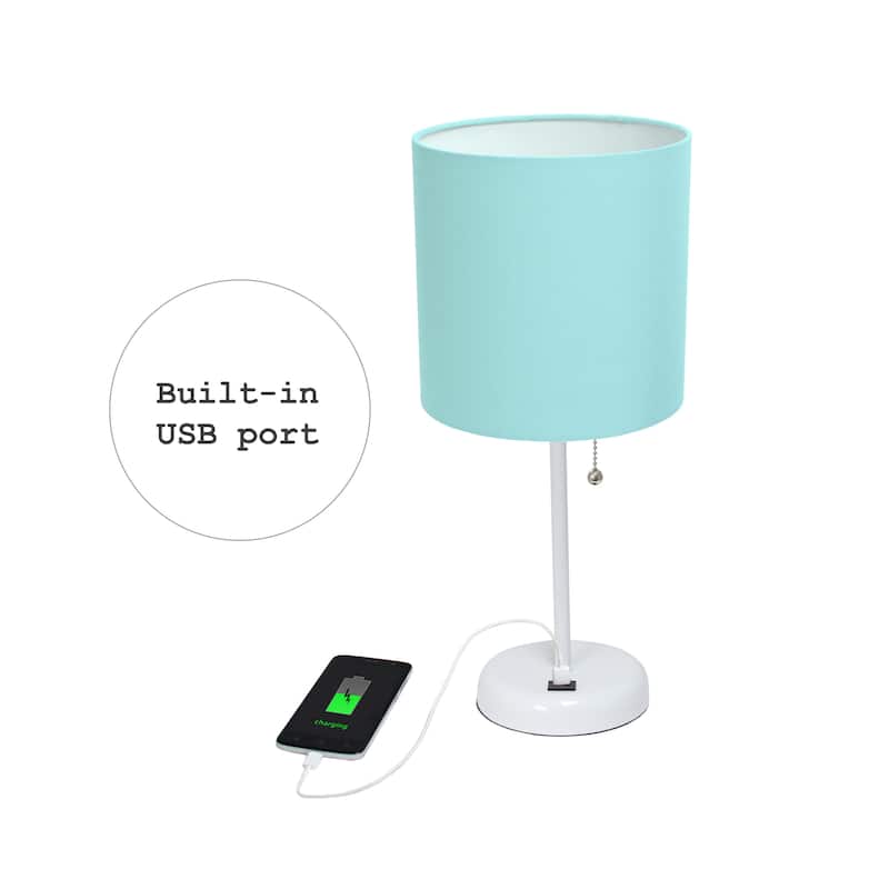 White Stick Lamp with USB charging port and Fabric Shade