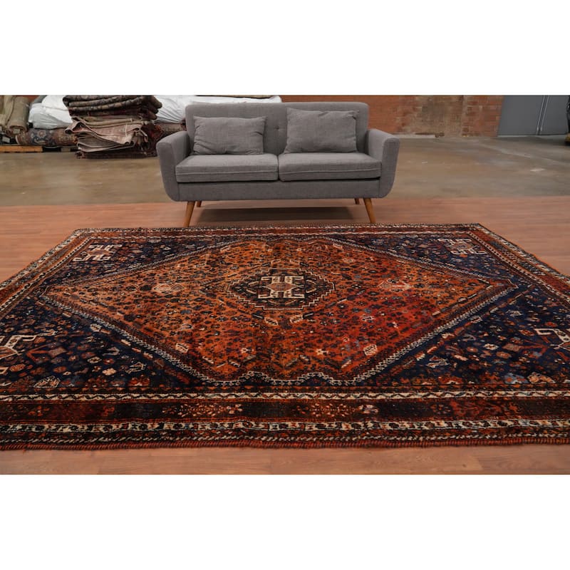 Hand Knotted Oriental 100% Wool Carpet Traditional Medallion Oranges & Rust Shiraz Area Rug - 9' 9'' X 7' 3''