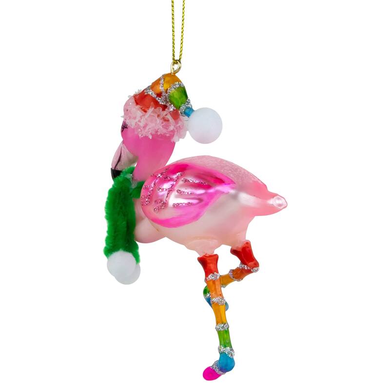 4.25" Pink Flamingo with Rainbow Hat Glass Christmas Ornament