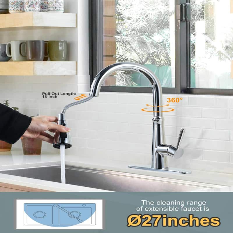 WOWOW Single Handle 3-Mode Pull Out Sprayer Kitchen Faucet