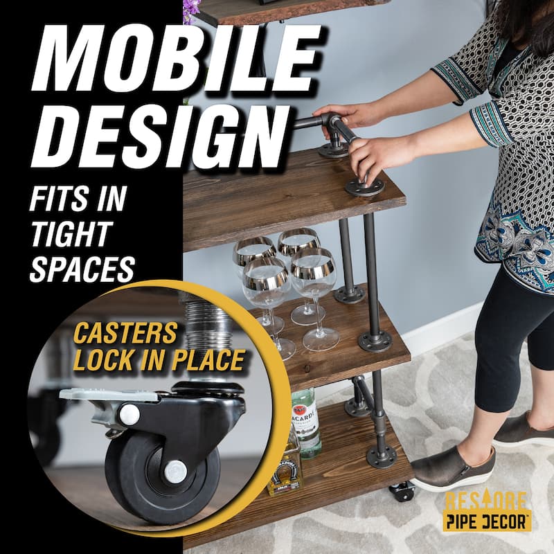 Restore by PIPE DECOR Industrial 3 Tier Solid Wood & Steel Pipe Bar Cart with Wheels