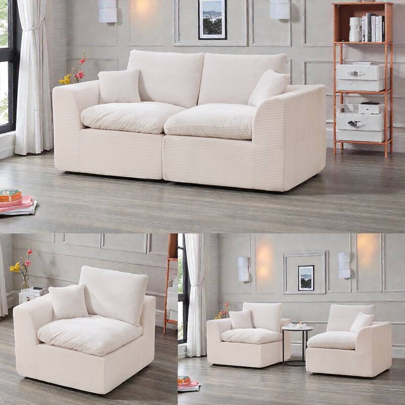 Modular Cloud Sectional Sofa, Comfy 2-Seater Corduroy Couch with Removable Covers