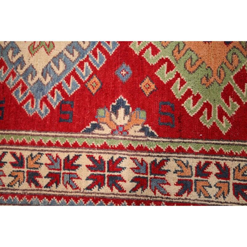 Geometric Kazak Accent Rug Hand-Knotted Red Wool Carpet - 3'4" x 4'7"