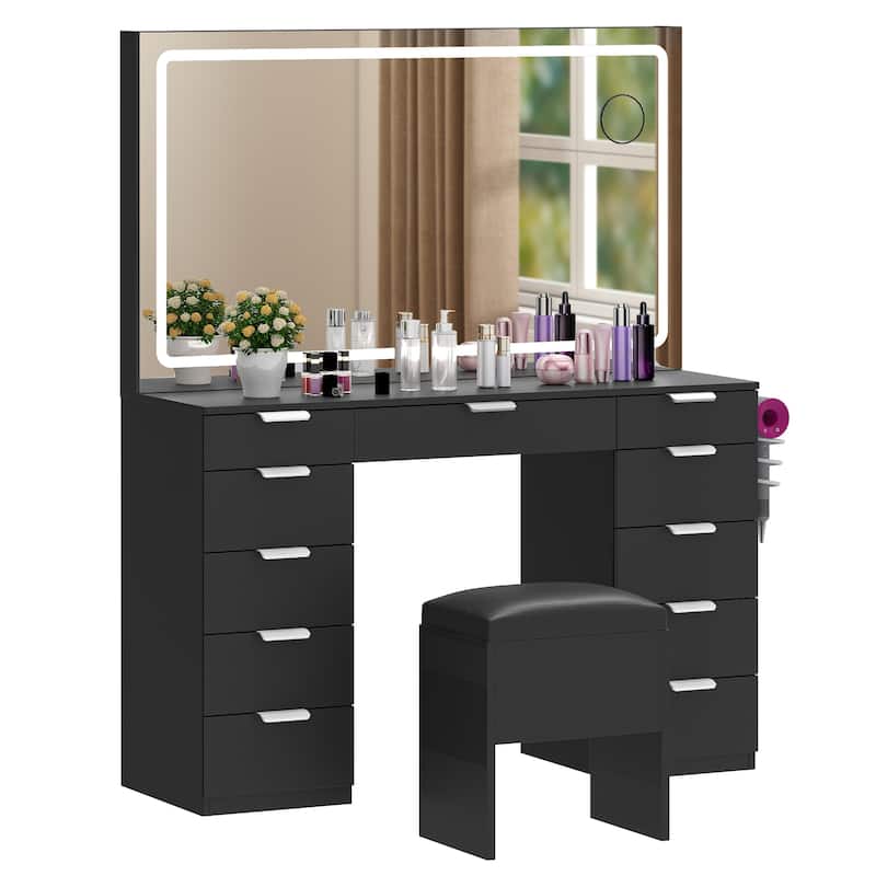 Moasis White 10-Drawer Cosmetic Vanity Desk Set with Glass Tabletop Makeup Vanity with LED Strip