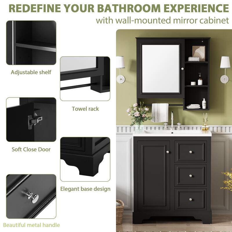 30-inch bathroom vanity with sink,with 3 drawers,adjustable shelves,freestanding vanity set with mirror cabinet,single sink