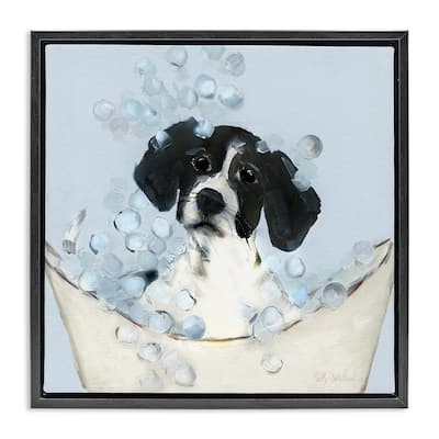 Stupell Black & White Puppy in Tub Framed Floater Canvas Wall Art Design By Sally Swatland