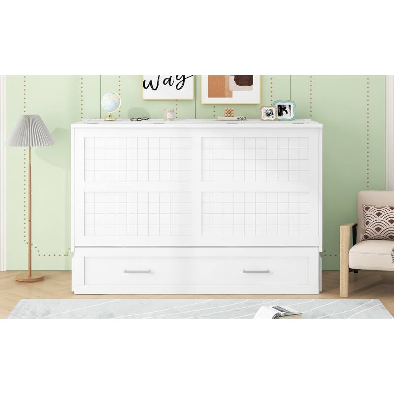 Queen Size Mobile Murphy Bed with Drawer & Shelves on Each Side, White Pine Frame, Space-Saving Design, No Box Spring Required