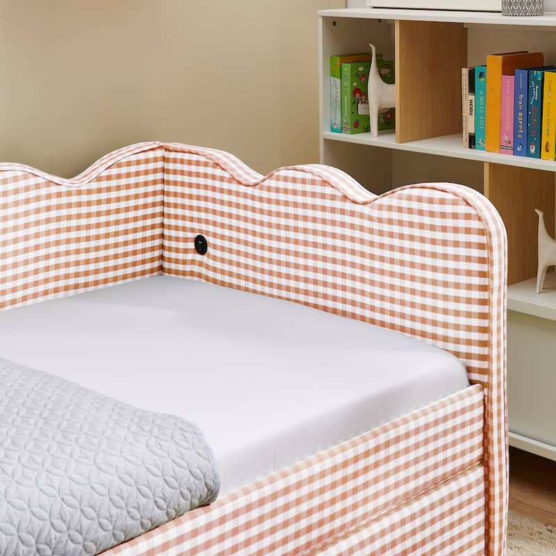 Twin Size Gingham Linen Upholstered Daybed with 2 Storage Drawers, USB Charging Station & Waved Arms