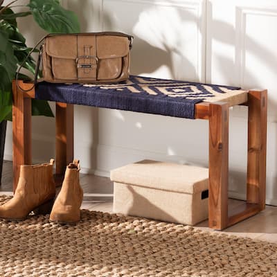 Prunella Modern Bohemian Seagrass and Acacia Wood Accent Bench