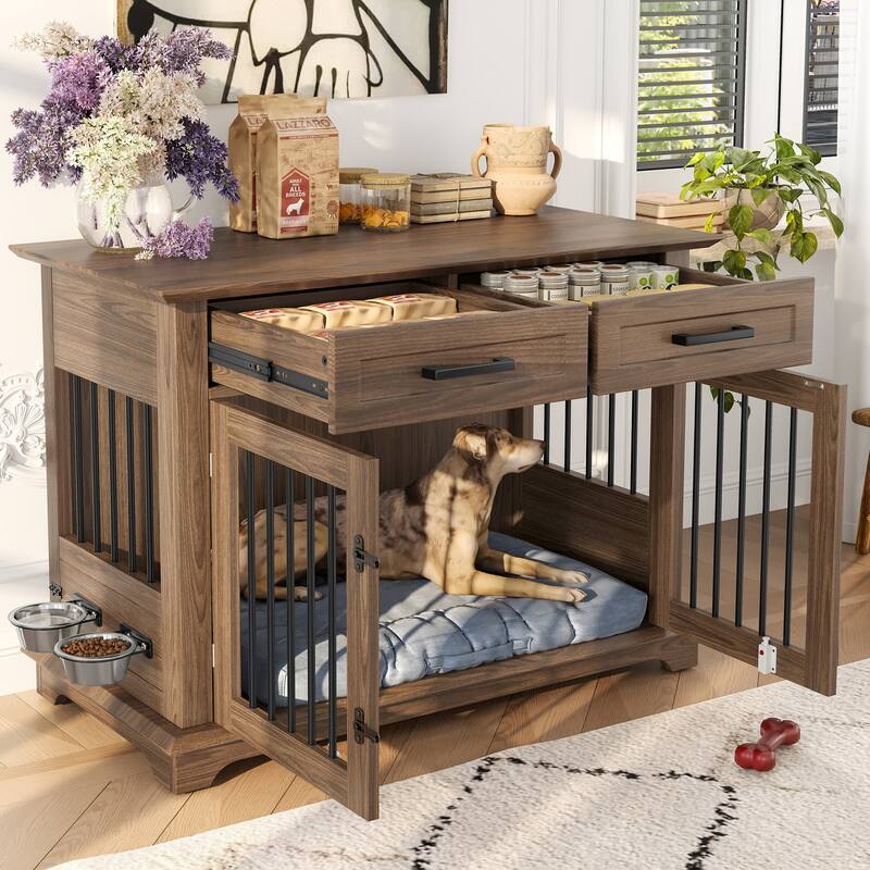 2 Doors Decorative Pet Cage Dog House with 2 Storage Drawers and Rotating Bowls, Wooden Large Dog Crate Furniture