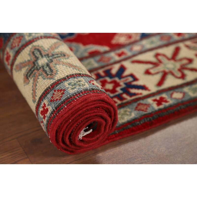 Geometric Red Kazak Accent Rug Handmade Wool Carpet - 3'4" x 5'3"