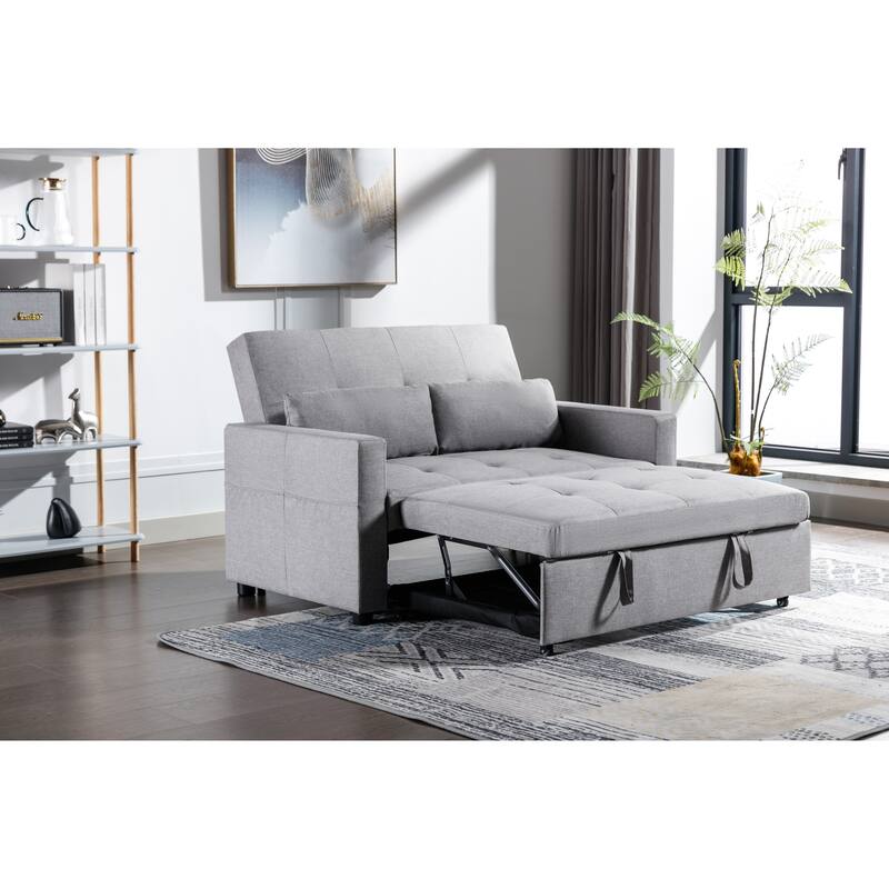 Light Grey 55.12" 3-in-1 Linen Loveseat Convertible Sofa Bed with Side Pocket and Pillows for Living Room - Light Grey