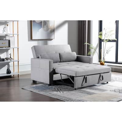 Light Grey Linen Fabric 3-in-1 Convertible Sleeper Sofa Loveseat with Side Pocket