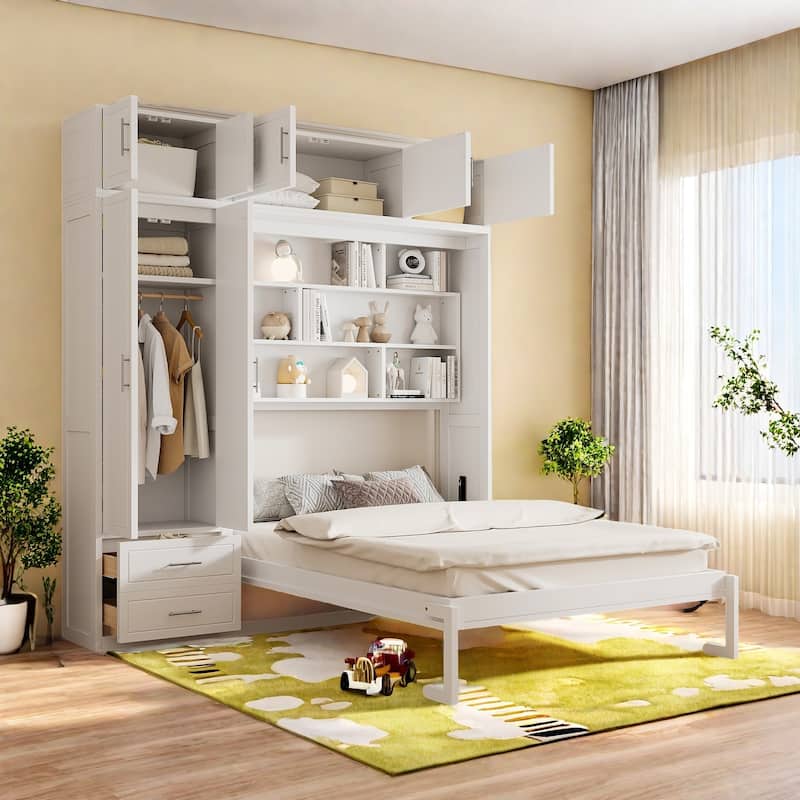 Queen Size Murphy Bed with Storage - Space-Saving Wall Bed with 3 Cabinets, Wardrobe and 2 Drawers - White