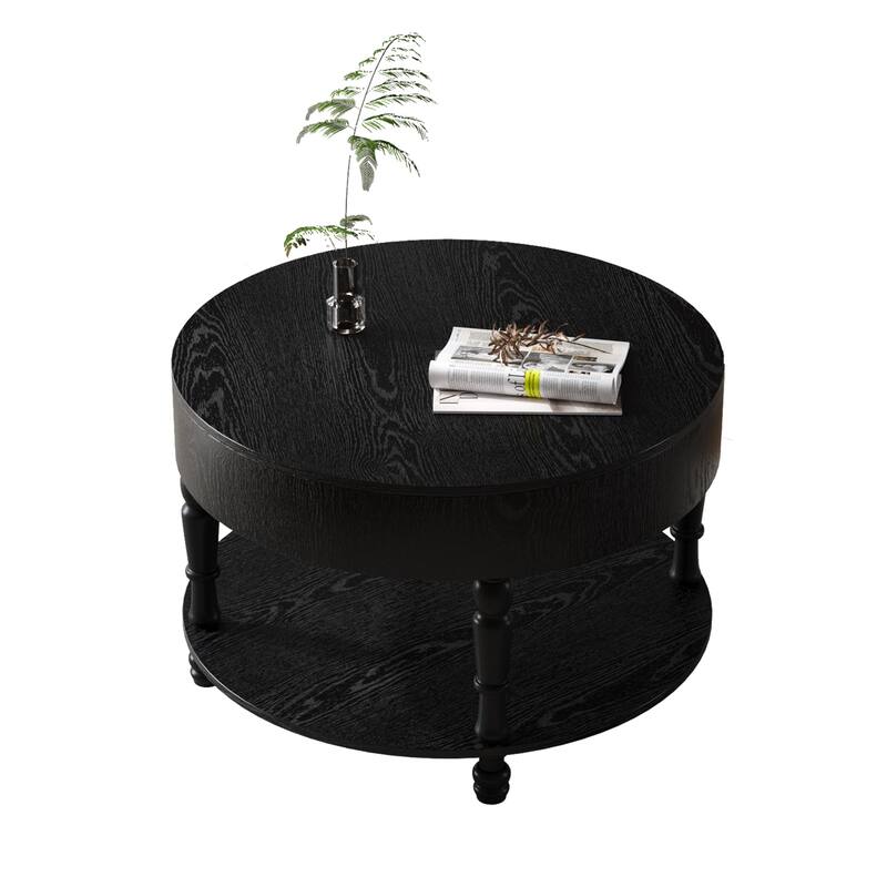 31.5 inch Modern Round Coffee Table Dual Storage Hidden Compartment Black Living Room
