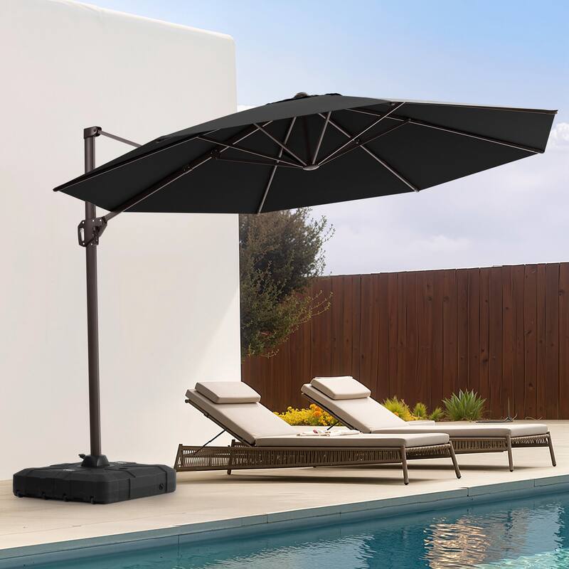 Outdoor 11 Ft Patio Cantilever 360 Degree Rotation Offset Umbrella with Base