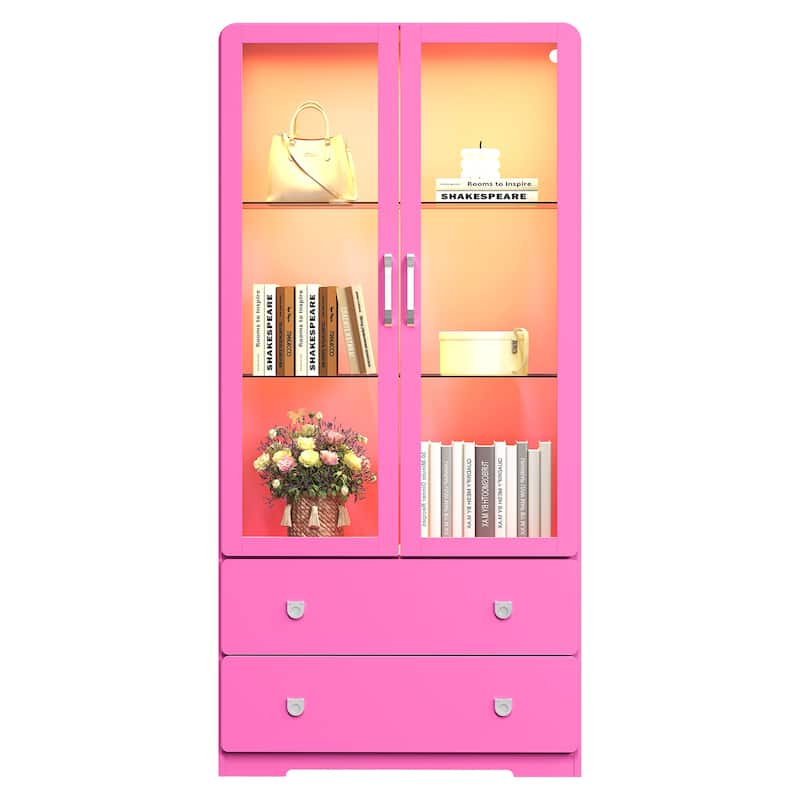 64'' Tall Display Cabinet with Acrylic Doors and LED Lights - N/A - Pink
