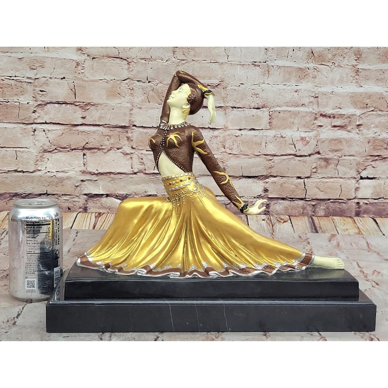 Art Nouveau Chiparus Dancer In Long Skirt - Gold Patina Bronze Sculpture