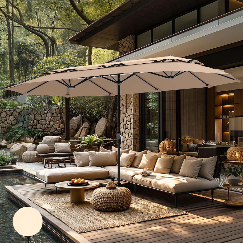 MAISON ARTS 15ft 2-Tier Vented Large Patio Umbrella with Solar Lights, Double-Sided Outdoor Market Umbrellas with Base Included