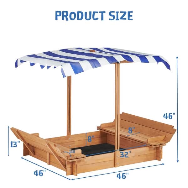 dimension image slide 1 of 2, Kids Sandbox with Adjustable Cover, 46'' Wooden Sand Box with 2 Foldable Bench Seats, Outdoor Sandpit for Backyard Play