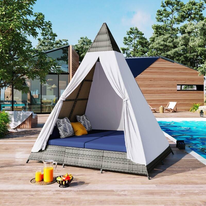 90" Wicker Outdoor Sunbed Patio Daybed with Cushions for Relaxation and Leisure - Grey/Blue