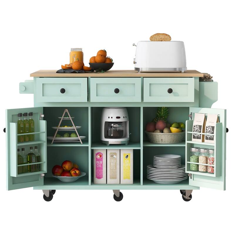 53.10 '' Rubberwood Kitchen Cart with Drop-Leaf, Adjustable Shelf, Rolling Wheels, and 3 Drawers - 53.1'' x 29.5'' x 37.2''