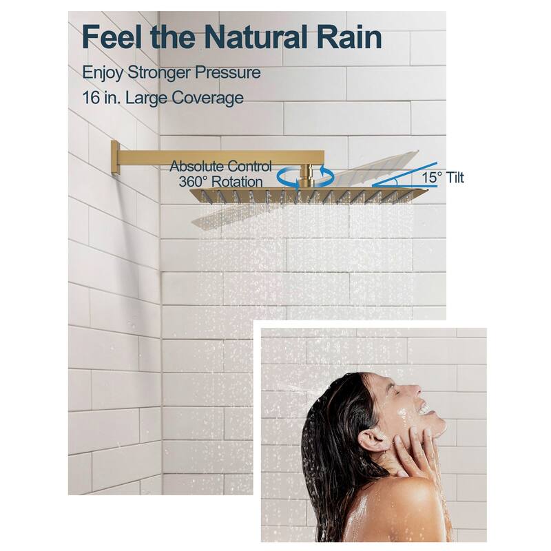 GRANDJOY Shower System Dual Shower Heads 16" and 6" Wall Mounted High Pressure Handheld Spray 6 Body Jets Thermostatic