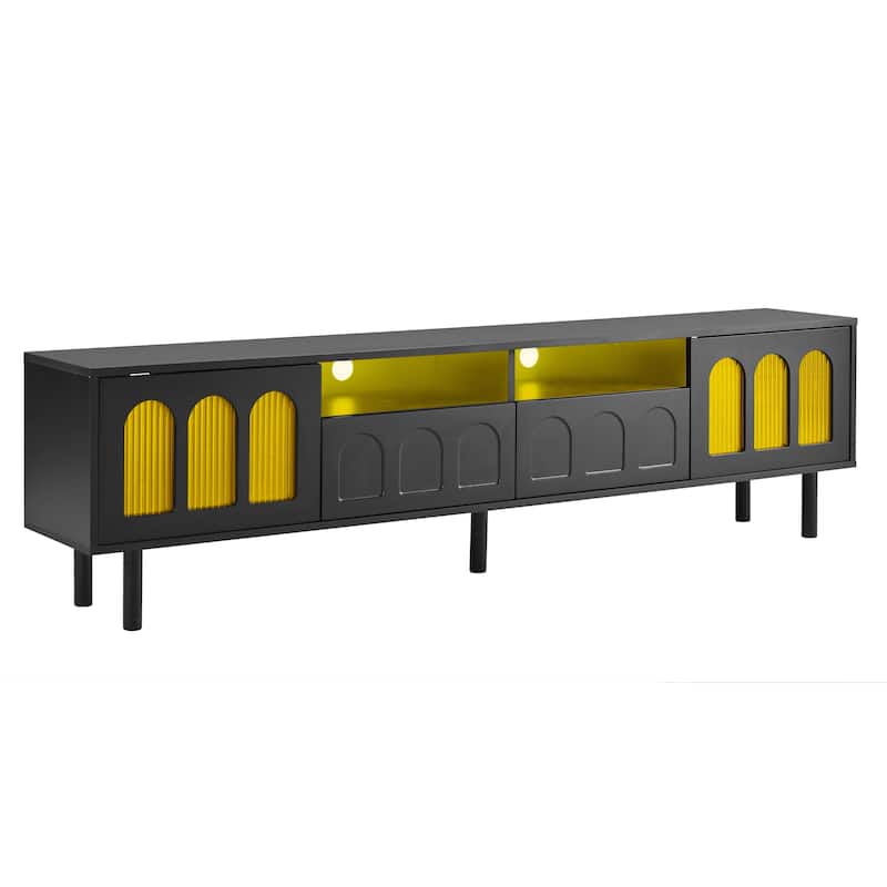 LED TV Stand for Living Room, Entertainment Center for TVs Up to 80" with Wood Legs, Storage Media Console with 2 Drawers