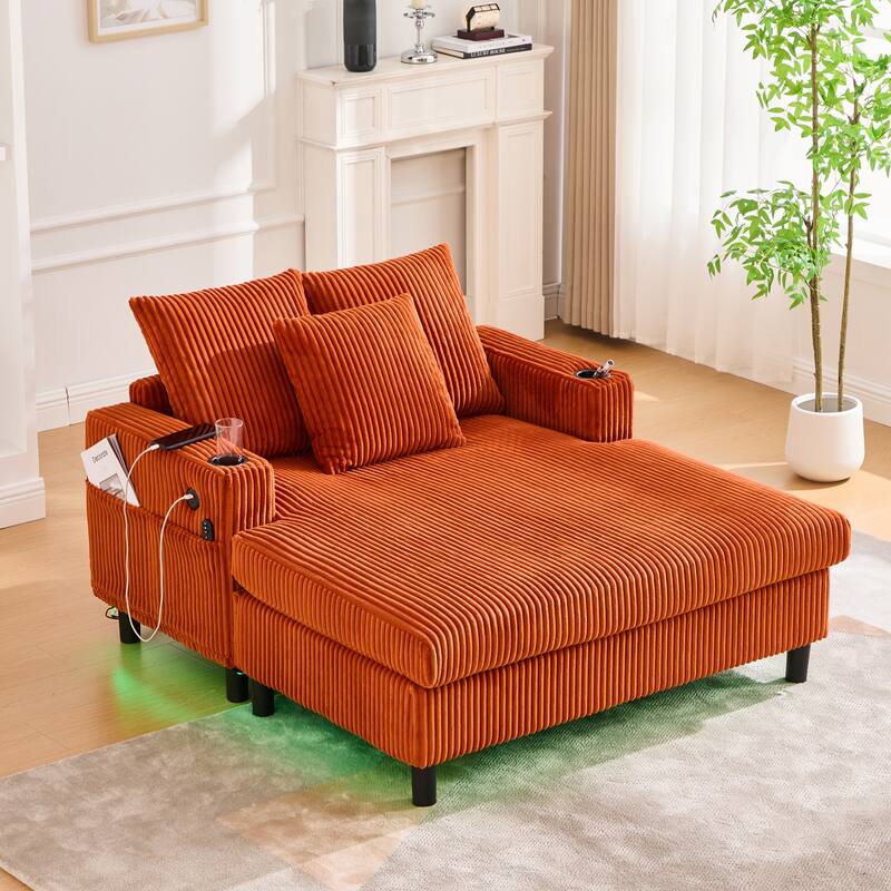 GDFStudio - Corduroy Recliner Sofa with USB Charging, RGB LED Light Strip - Suitable for Living Room and Bedroom - Orange