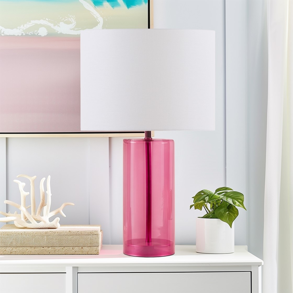 Pink Glass Table Lamp with LED Bulb Included Modern Bedroom Decor