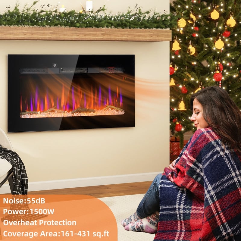 36/40/50/60 in. Wall Mount Recessed Electric Fireplace in Black, Remote Control, 8H Timer, Adjustable Flame & Brightness