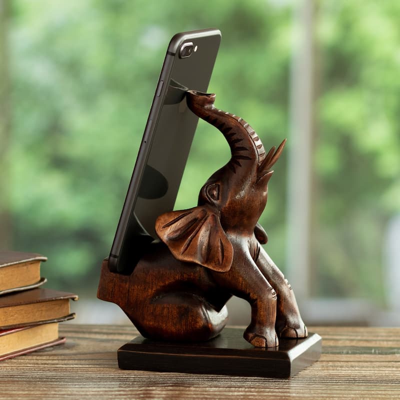Novica Handmade Prosperity Elephant Wood Phone Holder