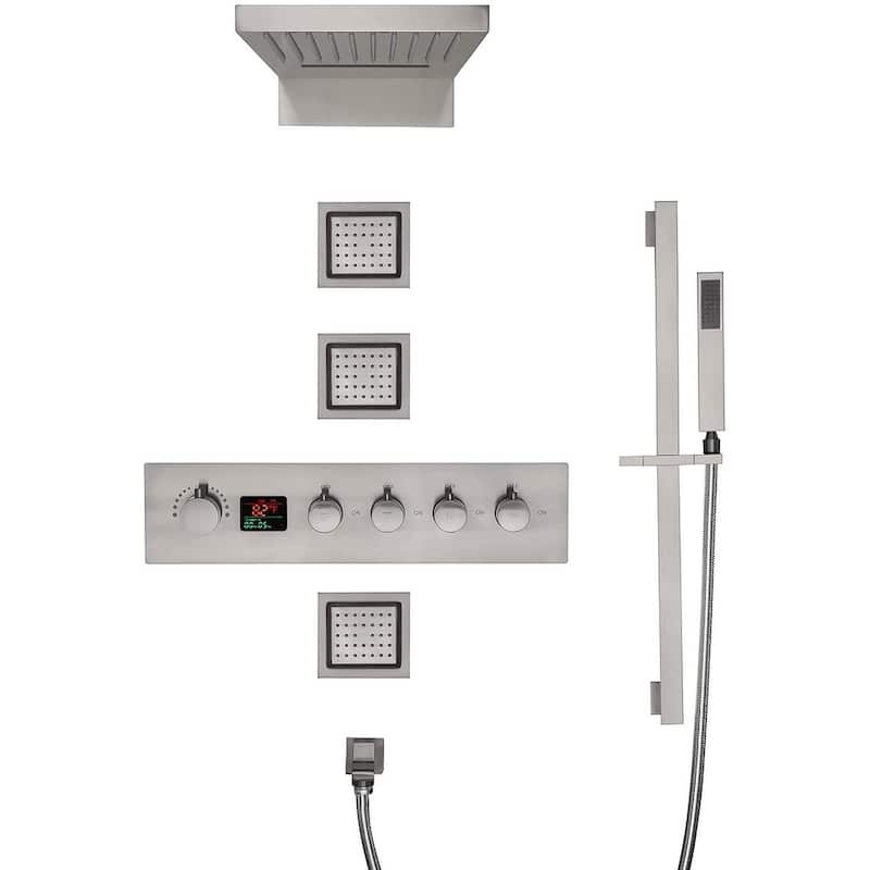 22" Rainfall Waterfall Digital Thermostatic Shower Faucet System w/ Jets, Sprayer, Slide Bar - BN - Brushed Nickel