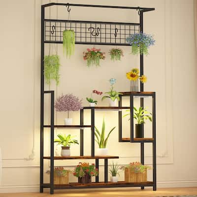 Plant Shelf with Grow Light, Tall Plant Stand Indoor, 7 Tiered Large Metal Shelf with Hanging Hooks