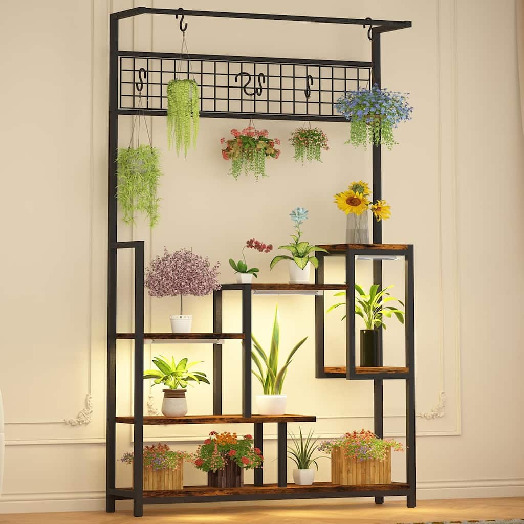Plant Shelf with Grow Light, Tall Plant Stand Indoor, 7 Tiered Large Metal Shelf with Hanging Hooks