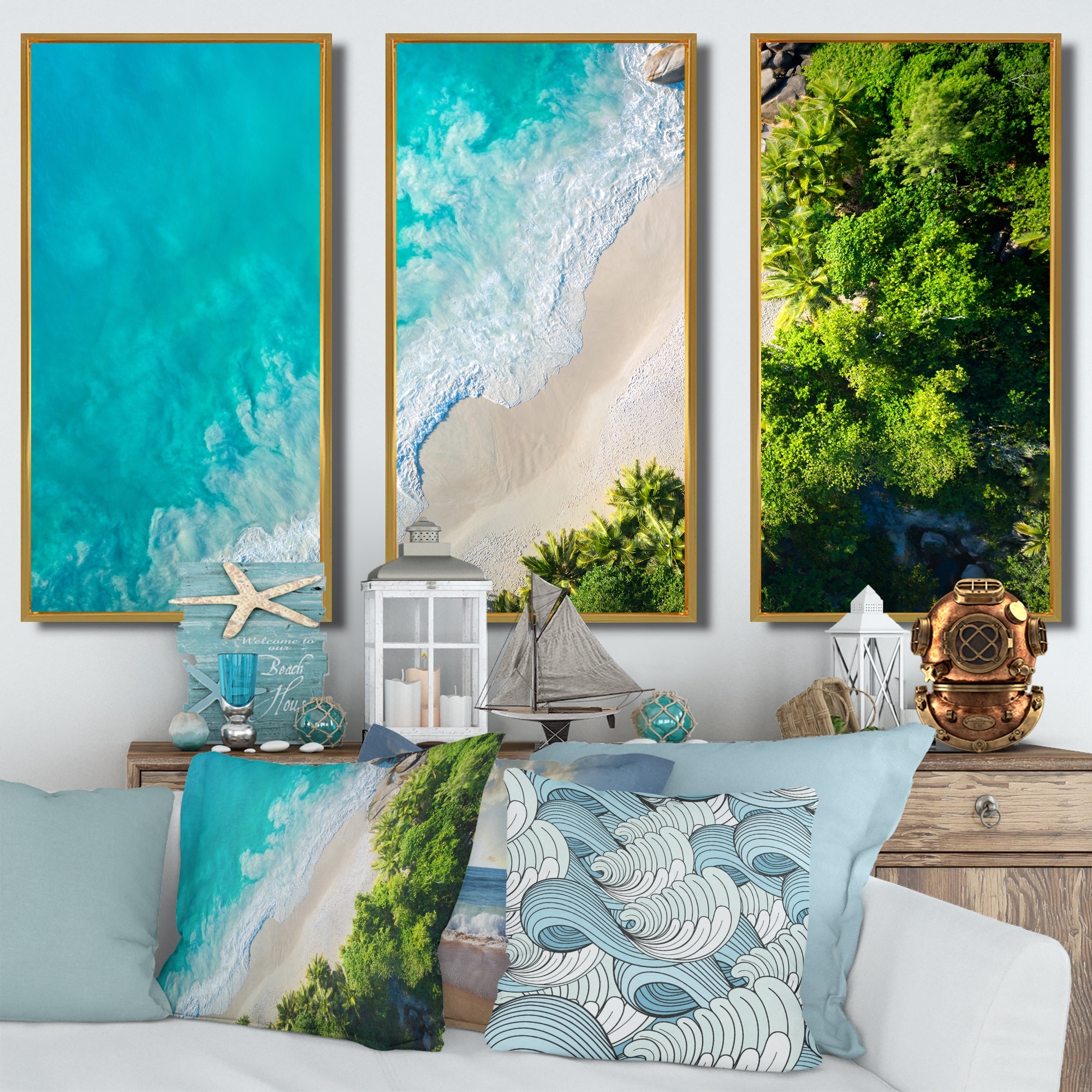 Kate and Laurel Sylvie Tropical Beach Framed Canvas Set - Natural (3 Piece)
