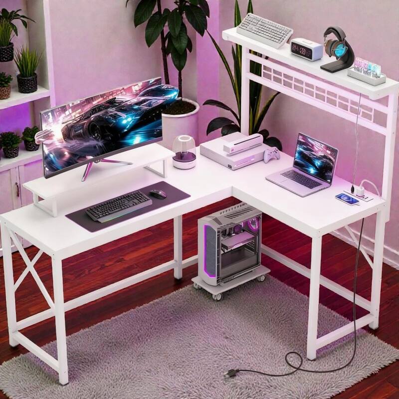 L Shaped Gaming Desk with LED Lights and Power Outlets, Computer Desk with Monitor Stand and CPU Shelf - White