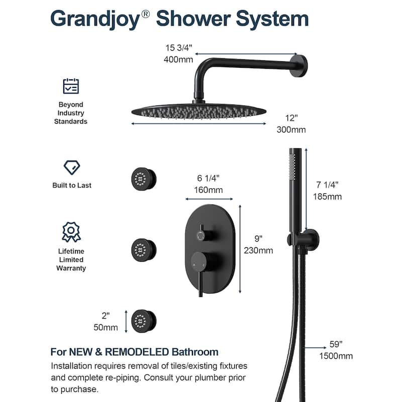 GRANDJOY 12" Showerhead Rainfall Shower System with 3 Body Jets and Handheld Spray