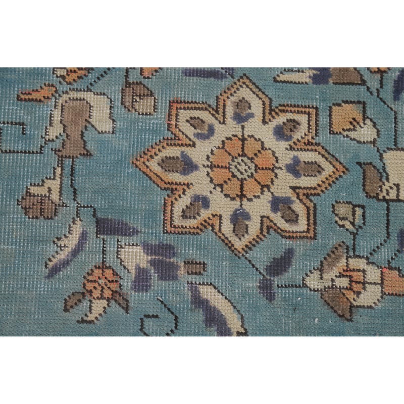 Geometric Blue Tabriz Persian Vintage Rug Hand-Knotted Wool Carpet - 6'7" x 9'7"