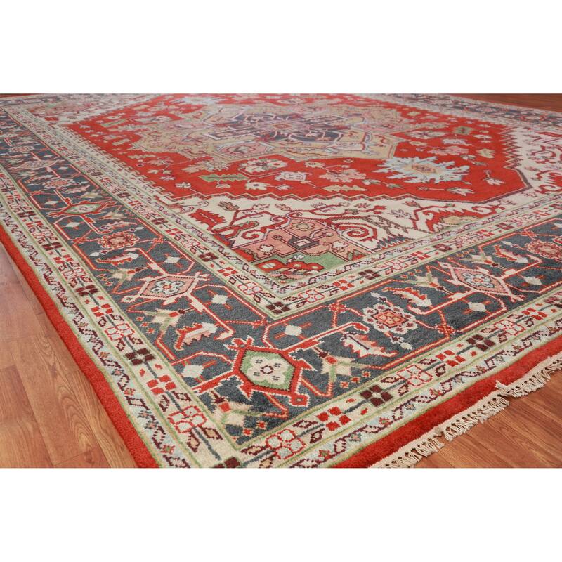 Hand Knotted Oriental 100% Wool Carpet Traditional Medallion Oranges & Rust Heriz (serapi) Area Rug - 14' 11'' X 11' 7''